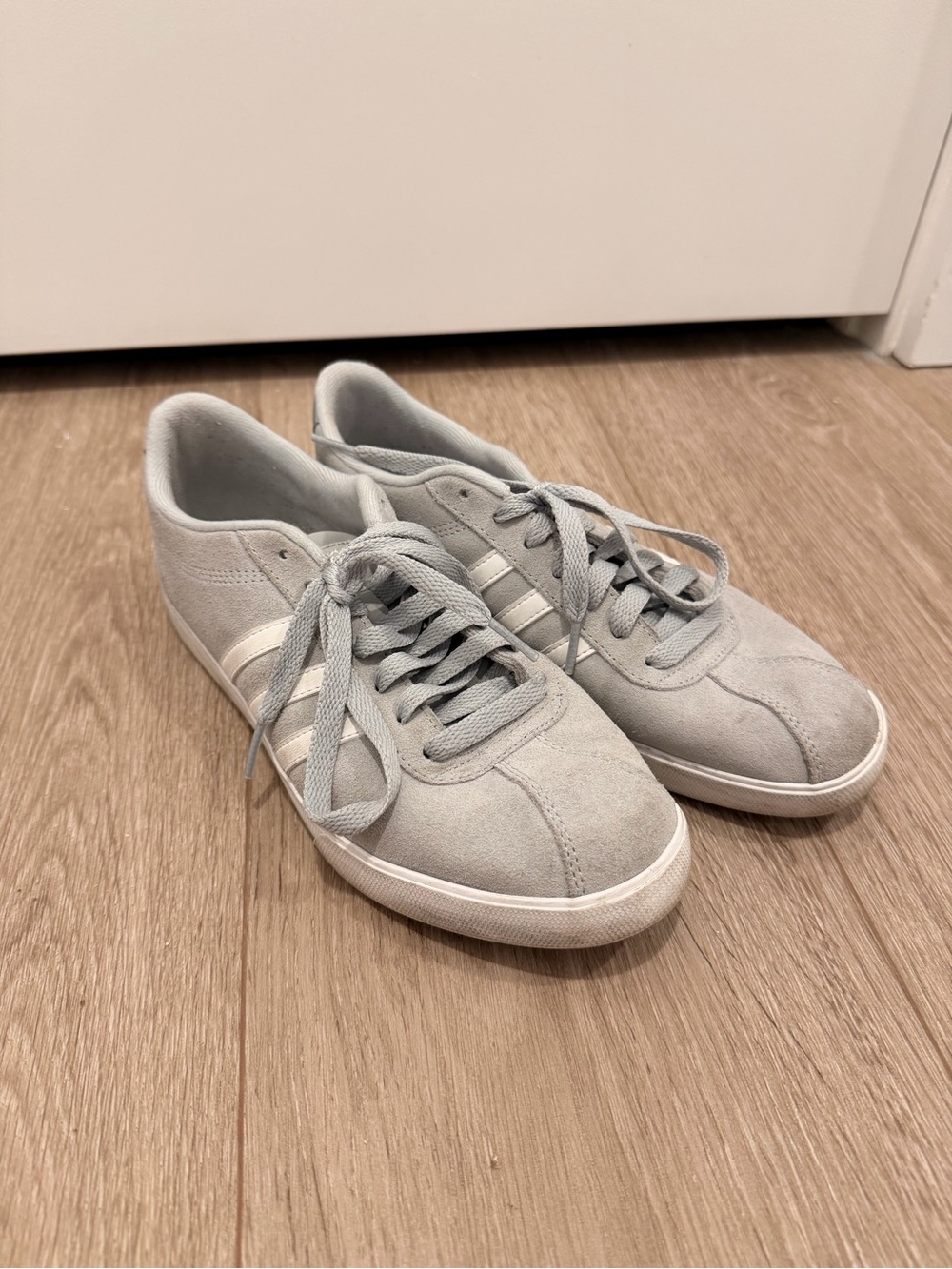 adidas Women’s Light Gray Suede Sneakers with White Stripes
